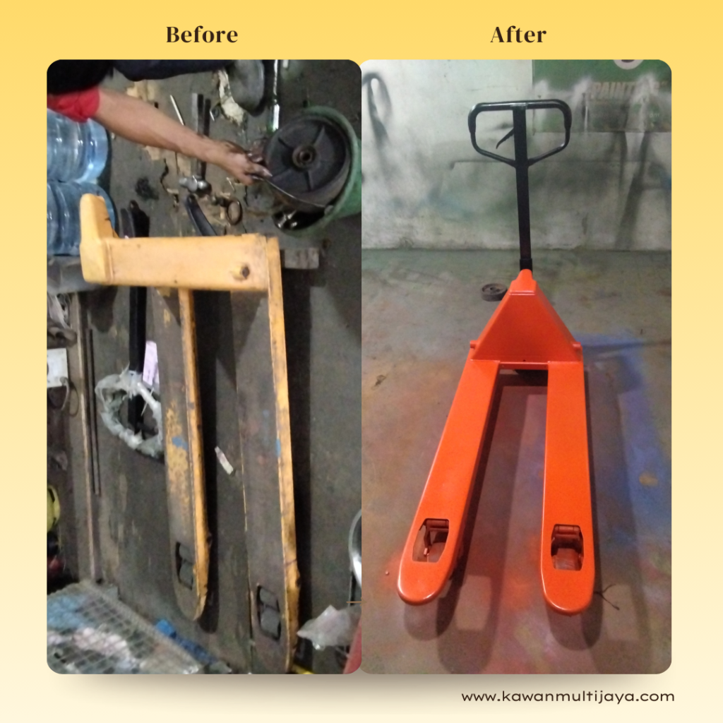 Setiap pengerjaan service hand pallet tangerang kami berikan gratis pengecatan unit.