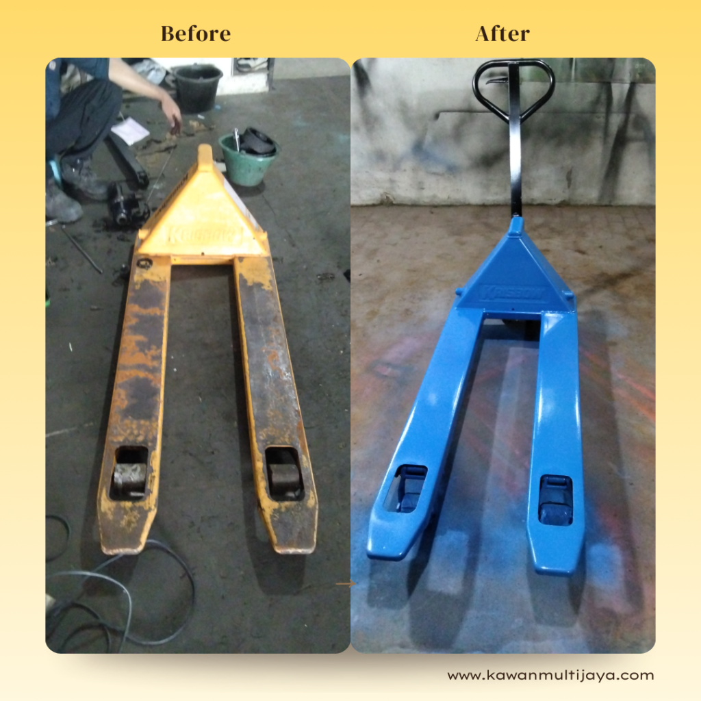 Berikut adalah dokumentasi sebelum & sesudah pengerjaan service hand pallet tangerang.